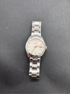 Fossil Silver Watch with White Dial and Rose Gold Accents